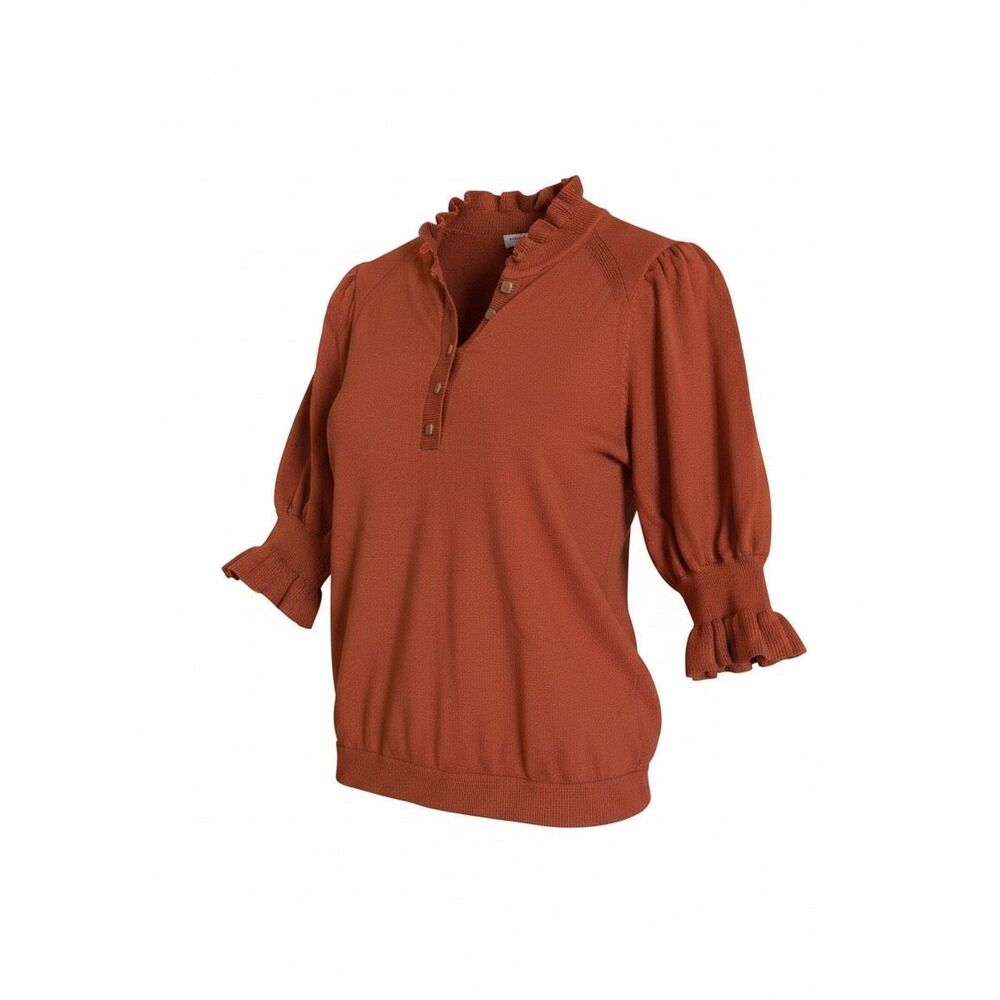 Rio & Rian Ruffled Puffed 3/4 Sleeve Henley Pullover Sweater Rust Size PXL‎